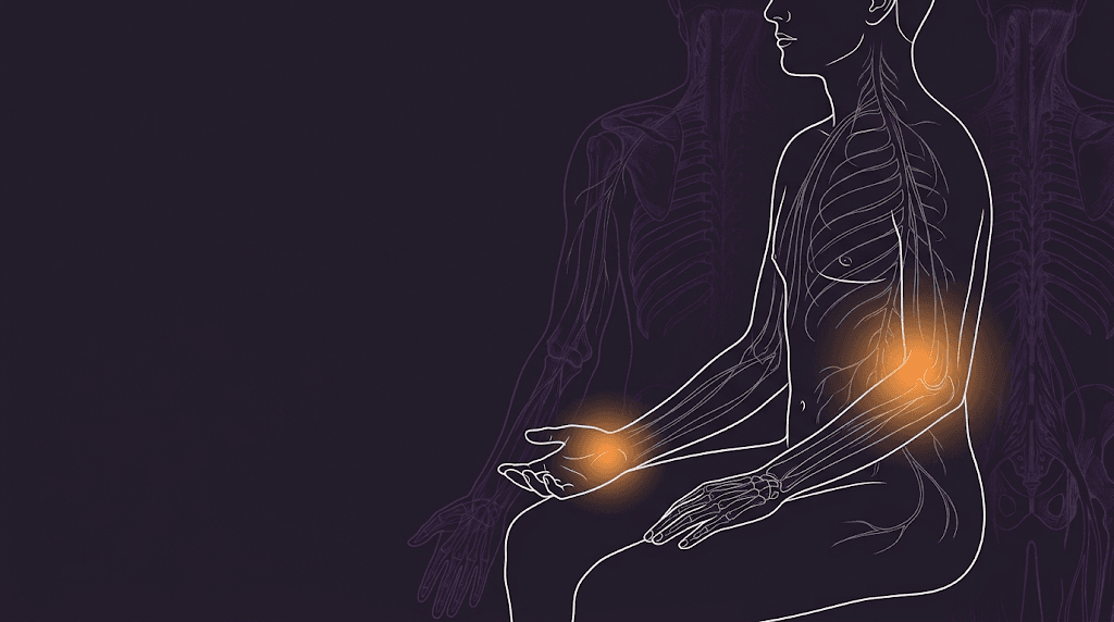 Planșă anatomică: o persoană așezată, cu sistemul nervos trasat în linie prin trunchi