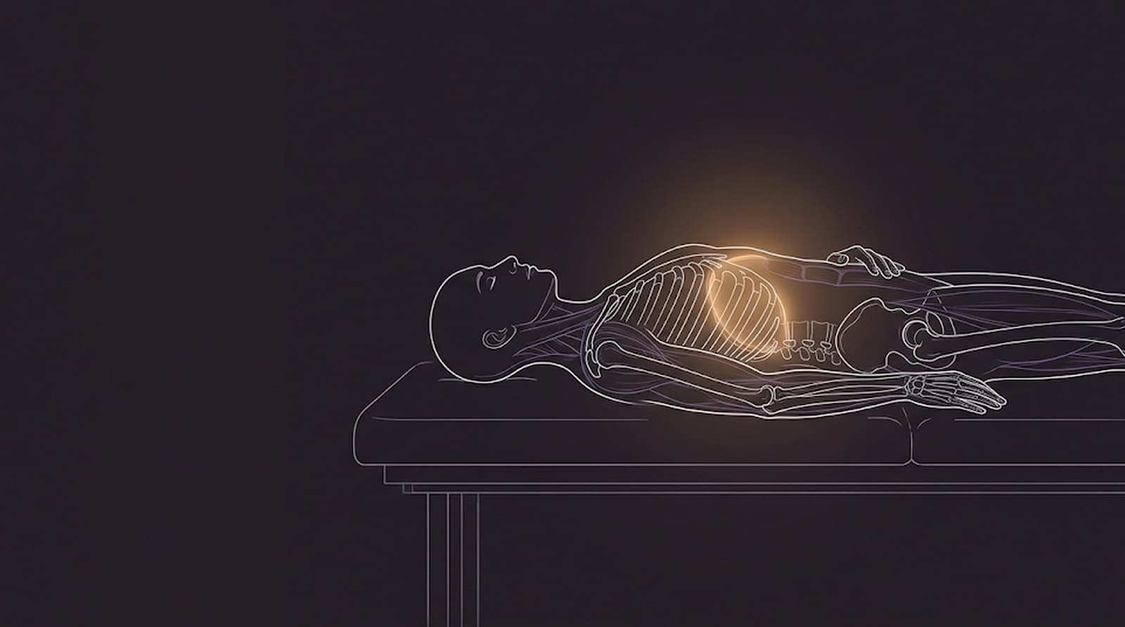 Planșă anatomică: un corp în repaus pe masa de tratament, cu respirația marcată în jurul diafragmei